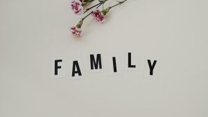 Elegant arrangement of pink flowers and family text on a white background, ideal for family themes.